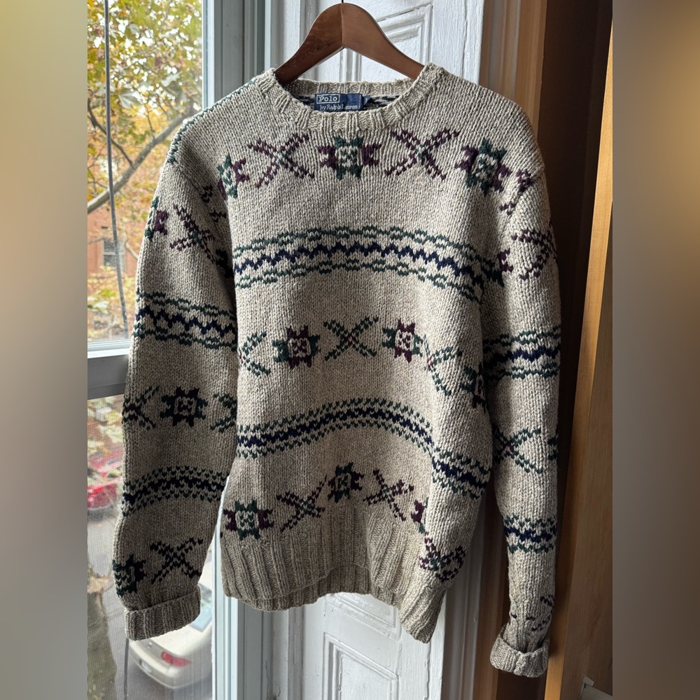 Polo Ralph Lauren Cream, burgundy and Green Patterned Crewneck Sweater Men’s S